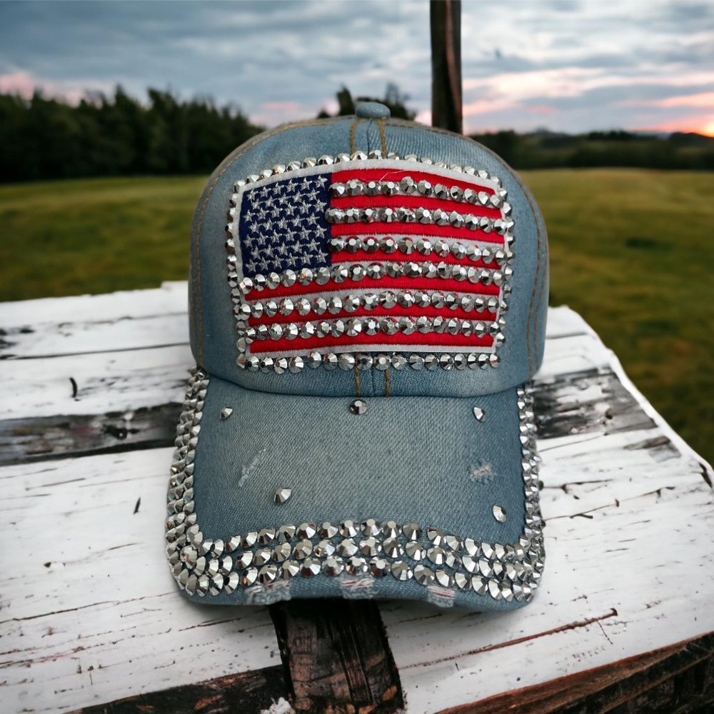 Crystal Rhinestone Hat- USA Adjustable Hat- Denim Ladies Hat